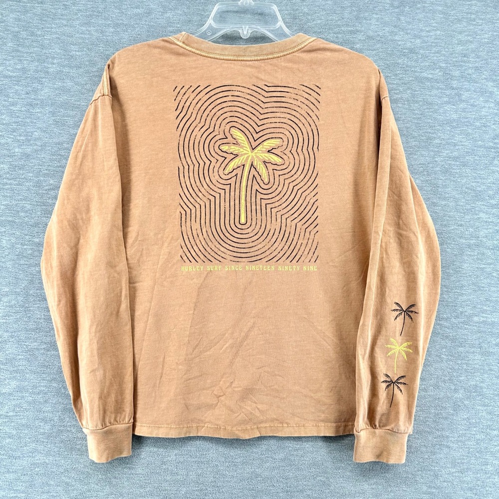 Hurley T-Shirt Womens MediumTan Palm Tree Graphic Long Sleeve Surf Skate Cropped